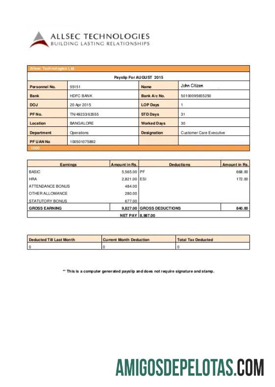 ALLSEC Building Technologies Recibo de pagamento em formatos Word e PDF exemplo real